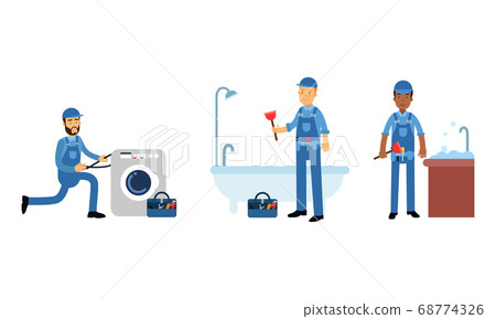 Young Man Plumber Wearing Blue Overall Fixing Sanitary Ware Vector Illustration Set 68774326