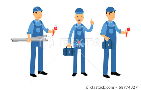 Young Man Plumber Wearing Blue Overall Holding Fixing Tool Vector Illustration Set. 68774327