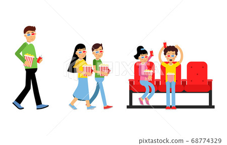 People Characters Holding Popcorn and Watching Movie in Cinema Vector Illustration Set People Characters Holding Popcorn and Watching Movie in Cinema Vector Illustration Set 68774329