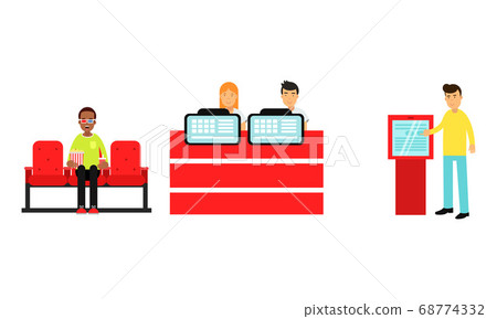 Male Character Buying Ticket in Automated Device and Watching Movie in Cinema Vector Illustration Set 68774332