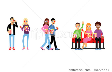 People Characters Holding Popcorn and Watching Movie in Cinema Vector Illustration Set People Characters Holding Popcorn and Watching Movie in Cinema Vector Illustration Set 68774337