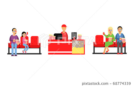 People Characters Buying Popcorn and Watching Movie in Cinema Vector Illustration Set People Characters Buying Popcorn and Watching Movie in Cinema Vector Illustration Set 68774339
