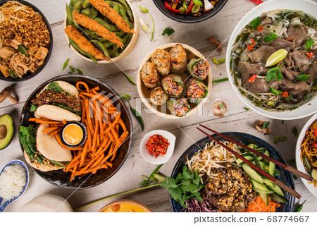 Asian food background with various ingredients on Asian food background with various ingredients on 68774667