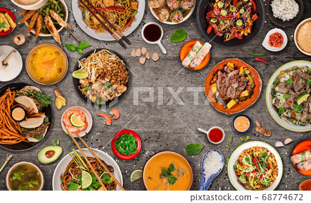 Asian food background with various ingredients on 68774672