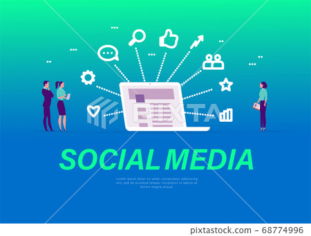 Social media marketing concept. People at laptop metaphor, analysis, video, media Social media marketing concept. People at laptop metaphor, analysis, video, media 68774996