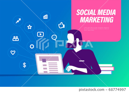 Social media marketing concept. Man with beard portrait networking at laptop. Social media marketing concept. Man with beard portrait networking at laptop. 68774997