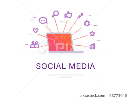Social media marketing concept with laptop and video, media, review, communication linear icons metaphor.  68775046