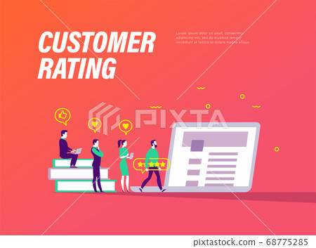 Customer rating concept. Tiny people with gadgets and positive feedback icons at laptop. 68775285