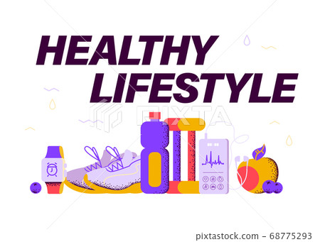 Healthy lifestyle concept with sport foot wear outfit, smartphone with fitness app interface, earphones, smart watch, dumbbell, apple, berries, water bottler etc. 68775293