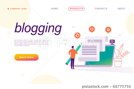 Blogging concept with author hold pencil and writing, laptop and social media review and feedback icons. Landing page design template, web interface, mobile app.  68775750