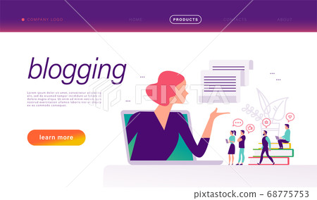 Blogging concept with tiny people, laptop and social media review and feedback icons. Landing page design template, web interface, m Blogging concept with tiny people, laptop and social media review and feedback icons. Landing page design template, web interface, m 68775753