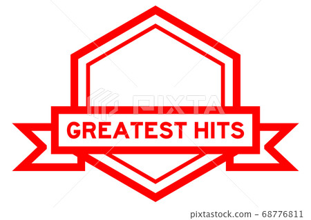 Hexagon vintage label banner in red color with word greatest hits on white background 68776811