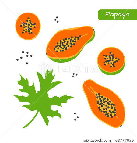 Set of isolated papaya slice fruit and leaf Set of isolated papaya slice fruit and leaf 68777059