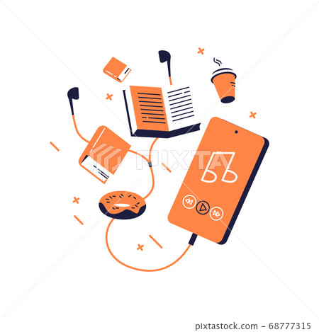 Vector illustration of mobile phone, earphones, text books, donut and cup of coffee flying in the middle air. Vector illustration of mobile phone, earphones, text books, donut and cup of coffee flying in the middle air. 68777315