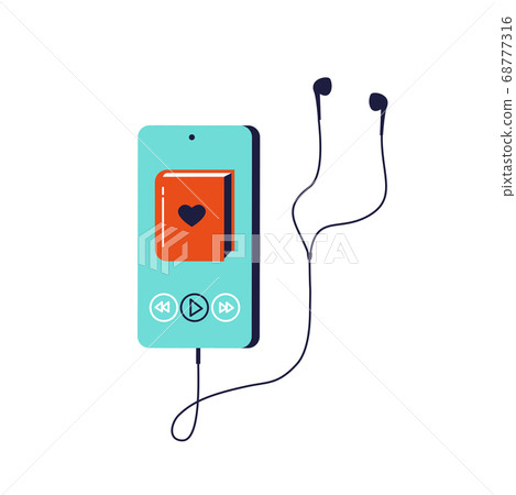 Vector illustration of smartphone with audio book app interface on its screen with earphones isolated on white background. Vector illustration of smartphone with audio book app interface on its screen with earphones isolated on white background. 68777316
