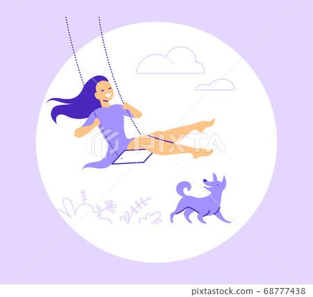 Vector illustration with young smiling girl swing on a swing on nature with clouds and grass, happy dog isolated on white background. 68777438