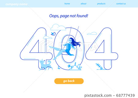 404 error web page design. Vector line art illustration with young smiling girl swinging on a swing on nature.  68777439