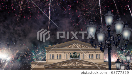 Fireworks over the Bolshoi Theatre (Large, Great or Grand Theatre, also spelled Bolshoy) during Victory Day (WWII), Moscow, Russia Fireworks over the Bolshoi Theatre (Large, Great or Grand Theatre, also spelled Bolshoy) during Victory Day (WWII), Moscow, Russia 68777839