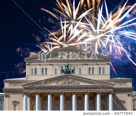 Fireworks over the Bolshoi Theatre (Large, Great or Grand Theatre, also spelled Bolshoy) during Victory Day (WWII), Moscow, Russia Fireworks over the Bolshoi Theatre (Large, Great or Grand Theatre, also spelled Bolshoy) during Victory Day (WWII), Moscow, Russia 68777845