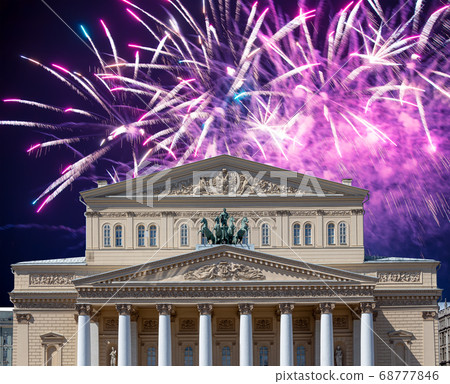 Fireworks over the Bolshoi Theatre (Large, Great or Grand Theatre, also spelled Bolshoy) during Victory Day (WWII), Moscow, Russia 68777846