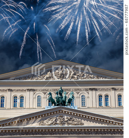 Fireworks over the Bolshoi Theatre (Large, Great or Grand Theatre, also spelled Bolshoy) during Victory Day (WWII), Moscow, Russia 68777987