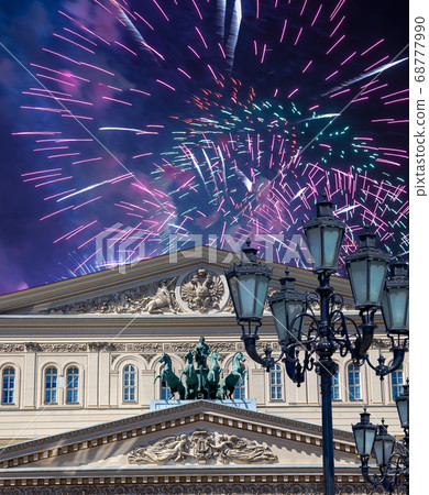 Fireworks over the Bolshoi Theatre (Large, Great or Grand Theatre, also spelled Bolshoy) during Victory Day (WWII), Moscow, Russia 68777990