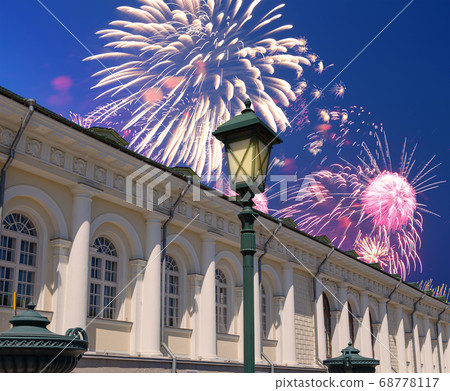 Fireworks over the Manege Exhibition Hall (Manege Square near the Kremlin), Moscow. Russia 68778117
