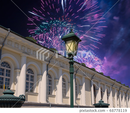 Fireworks over the Manege Exhibition Hall (Manege Square near the Kremlin), Moscow. Russia 68778119