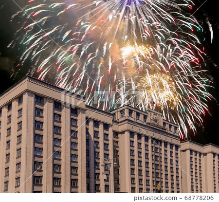 Fireworks over the building of The State Duma of the Federal Assembly of Russian Federation during Victory Day (WWII), Moscow, Russia Fireworks over the building of The State Duma of the Federal Assembly of Russian Federation during Victory Day (WWII), Moscow, Russia 68778206