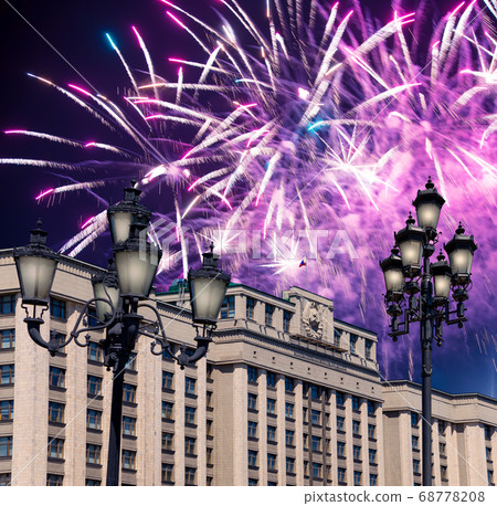 Fireworks over the building of The State Duma of the Federal Assembly of Russian Federation during Victory Day (WWII), Moscow, Russia Fireworks over the building of The State Duma of the Federal Assembly of Russian Federation during Victory Day (WWII), Moscow, Russia 68778208
