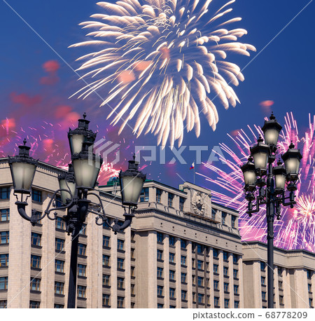 Fireworks over the building of The State Duma of the Federal Assembly of Russian Federation during Victory Day (WWII), Moscow, Russia Fireworks over the building of The State Duma of the Federal Assembly of Russian Federation during Victory Day (WWII), Moscow, Russia 68778209