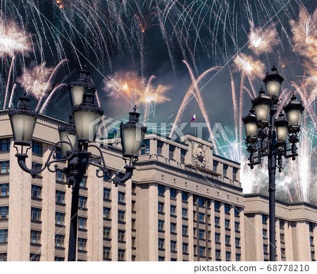 Fireworks over the building of The State Duma of the Federal Assembly of Russian Federation during Victory Day (WWII), Moscow, Russia Fireworks over the building of The State Duma of the Federal Assembly of Russian Federation during Victory Day (WWII), Moscow, Russia 68778210