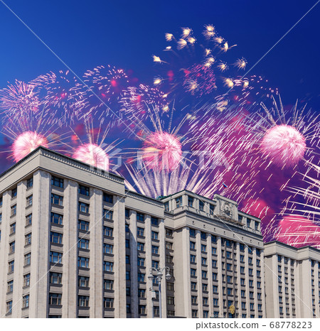 Fireworks over the building of The State Duma of the Federal Assembly of Russian Federation during Victory Day (WWII), Moscow, Russia Fireworks over the building of The State Duma of the Federal Assembly of Russian Federation during Victory Day (WWII), Moscow, Russia 68778223
