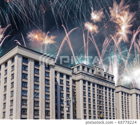 Fireworks over the building of The State Duma of the Federal Assembly of Russian Federation during Victory Day (WWII), Moscow, Russia 68778224