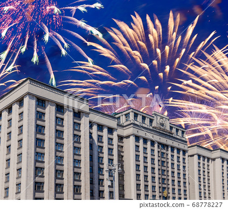 Fireworks over the building of The State Duma of the Federal Assembly of Russian Federation during Victory Day (WWII), Moscow, Russia Fireworks over the building of The State Duma of the Federal Assembly of Russian Federation during Victory Day (WWII), Moscow, Russia 68778227