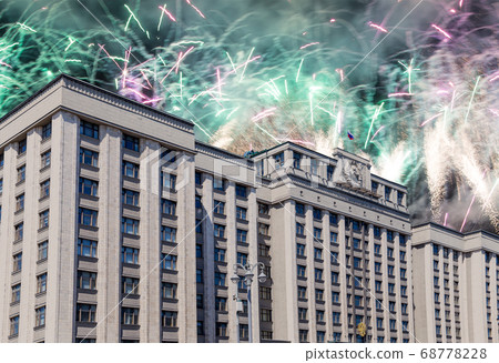 Fireworks over the building of The State Duma of the Federal Assembly of Russian Federation during Victory Day (WWII), Moscow, Russia Fireworks over the building of The State Duma of the Federal Assembly of Russian Federation during Victory Day (WWII), Moscow, Russia 68778228