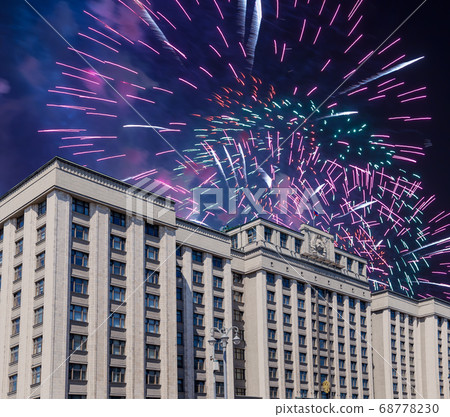 Fireworks over the building of The State Duma of the Federal Assembly of Russian Federation during Victory Day (WWII), Moscow, Russia Fireworks over the building of The State Duma of the Federal Assembly of Russian Federation during Victory Day (WWII), Moscow, Russia 68778230