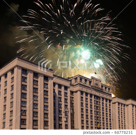 Fireworks over the building of The State Duma of the Federal Assembly of Russian Federation during Victory Day (WWII), Moscow, Russia Fireworks over the building of The State Duma of the Federal Assembly of Russian Federation during Victory Day (WWII), Moscow, Russia 68778231