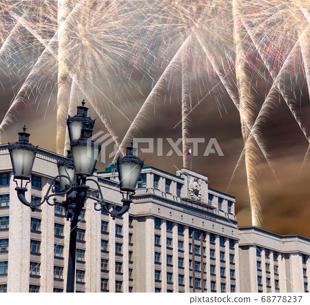 Fireworks over the building of The State Duma of the Federal Assembly of Russian Federation during Victory Day (WWII), Moscow, Russia Fireworks over the building of The State Duma of the Federal Assembly of Russian Federation during Victory Day (WWII), Moscow, Russia 68778237
