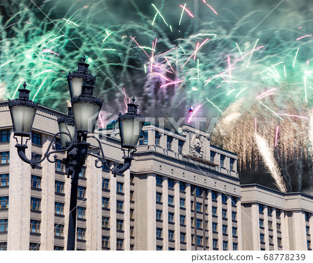 Fireworks over the building of The State Duma of the Federal Assembly of Russian Federation during Victory Day (WWII), Moscow, Russia Fireworks over the building of The State Duma of the Federal Assembly of Russian Federation during Victory Day (WWII), Moscow, Russia 68778239