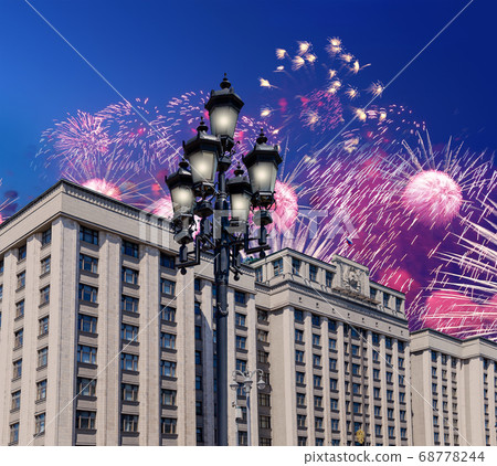 Fireworks over the building of The State Duma of the Federal Assembly of Russian Federation during Victory Day (WWII), Moscow, Russia Fireworks over the building of The State Duma of the Federal Assembly of Russian Federation during Victory Day (WWII), Moscow, Russia 68778244