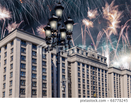 Fireworks over the building of The State Duma of the Federal Assembly of Russian Federation during Victory Day (WWII), Moscow, Russia Fireworks over the building of The State Duma of the Federal Assembly of Russian Federation during Victory Day (WWII), Moscow, Russia 68778245