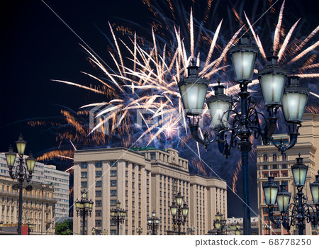Fireworks over the building of The State Duma of the Federal Assembly of Russian Federation during Victory Day (WWII), Moscow, Russia Fireworks over the building of The State Duma of the Federal Assembly of Russian Federation during Victory Day (WWII), Moscow, Russia 68778250