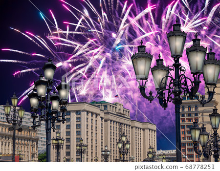 Fireworks over the building of The State Duma of the Federal Assembly of Russian Federation during Victory Day (WWII), Moscow, Russia Fireworks over the building of The State Duma of the Federal Assembly of Russian Federation during Victory Day (WWII), Moscow, Russia 68778251