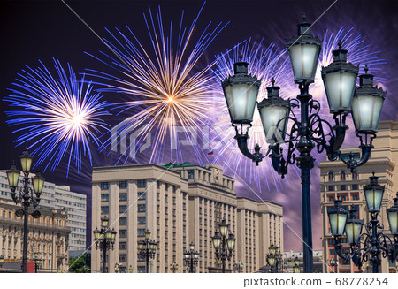 Fireworks over the building of The State Duma of the Federal Assembly of Russian Federation during Victory Day (WWII), Moscow, Russia Fireworks over the building of The State Duma of the Federal Assembly of Russian Federation during Victory Day (WWII), Moscow, Russia 68778254