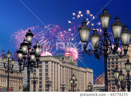 Fireworks over the building of The State Duma of the Federal Assembly of Russian Federation during Victory Day (WWII), Moscow, Russia Fireworks over the building of The State Duma of the Federal Assembly of Russian Federation during Victory Day (WWII), Moscow, Russia 68778255