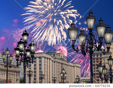 Fireworks over the building of The State Duma of the Federal Assembly of Russian Federation during Victory Day (WWII), Moscow, Russia Fireworks over the building of The State Duma of the Federal Assembly of Russian Federation during Victory Day (WWII), Moscow, Russia 68778256