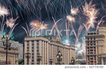 Fireworks over the building of the State Duma of the Federal Assembly of Russian Federation during Victory Day (WWII), Moscow, Russia 68778590