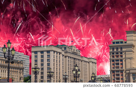 Fireworks over the building of the State Duma of the Federal Assembly of Russian Federation during Victory Day (WWII), Moscow, Russia Fireworks over the building of the State Duma of the Federal Assembly of Russian Federation during Victory Day (WWII), Moscow, Russia 68778593