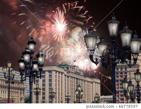 Fireworks over the building of the State Duma of the Federal Assembly of Russian Federation during Victory Day (WWII), Moscow, Russia Fireworks over the building of the State Duma of the Federal Assembly of Russian Federation during Victory Day (WWII), Moscow, Russia 68778597